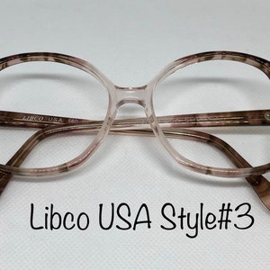 May include: Vintage Libco USA Style #3 eyeglasses with a light brown and tan marbled pattern. The frames have a rounded, slightly angular shape. The text "Libco USA Style #3" is visible in the image.