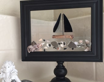 Black nautical Stained-Glass Sailboat, ocean wall art, beach art, beach resin, 9" x 10" Black Frame on a stand.