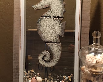 21.5" x 12.5" Seashell resin art, and Seahorse wall decor, Wood Framed Art, Ocean vibe, Beach decor.