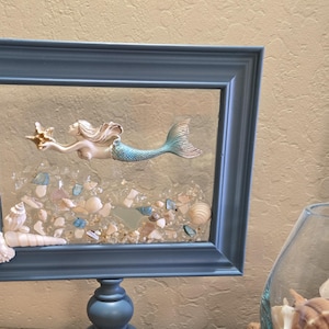 Mermaid swimming, sea shells and sea glass, Beach Wedding, Nautical decor, Teal Pedestal Desk decor, 9&quot; x 10&quot;