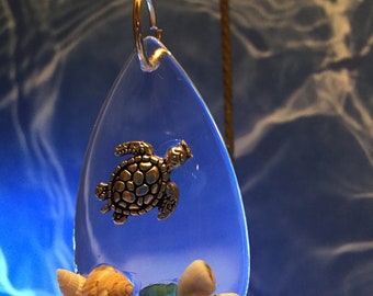 Sea Glass, Sea Shells, Turtle on large Tear Drop Prism, Ornament or Sun Catcher