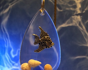 Sea Glass, sea shells, Angel fish on a large Tear Drop Prism, Ornament or Sun Catcher