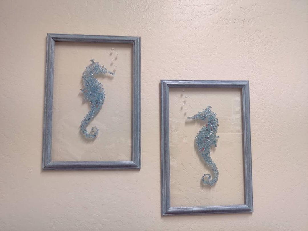 Pair of Blue Glass Seahorse Wall Art Beach Decor. Seashell Etsy