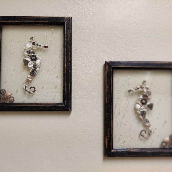 Pair of Steam Punk wall art, Seahorse in resin for beach décor. Seashell art, industrial art, coastal décor, steampunk gears art.