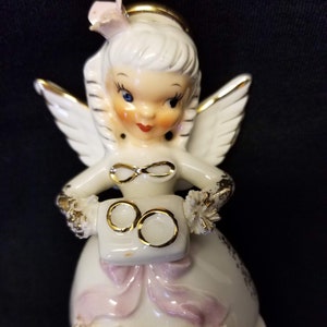 Vintage Napco June Angel Figurine: Wedding Rings Pillow, Birthday Gift