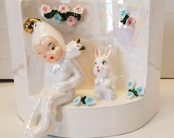 Lefton Iridescent Pixie Bunny Planter - Vintage Easter Decor