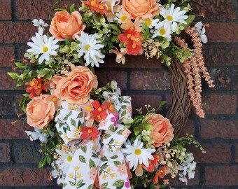 Dogwood Spring Wreath, Orange & White Flowers, Front Door Decor