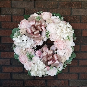 Pink Valentine Wreath: Hydrangea, Faux Pearl, Romantic Decor