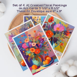 Set van 4 mooie digitale kunstkaarten, bloemenschrijfkaarten, schilderijen op kaarten, geschikt om in te lijsten, afdrukbare kunstwenskaarten, blanco binnenkant,