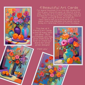 Set van 4 bloemenschrijfkaarten, mooie digitale kunstkaarten, schilderijen op kaarten, geschikt om in te lijsten, afdrukbare kunstwenskaarten, blanco binnenin,