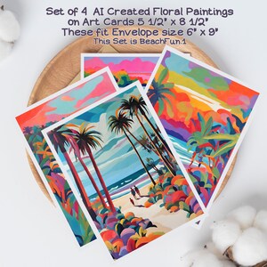 Set van 4 digitale kunstkaarten, strandplezierschrijfkaarten, kustschilderkaarten, geschikt 2 frame, afdrukbare kunstwenskaarten, blanco binnenkant