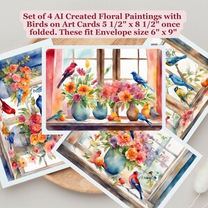 Ensemble de 4 peintures à l’aquarelle lumineuses, cartes d’art numérique, cartes d’écriture florales avec oiseaux, adaptées au cadre, art imprimable, cartes intérieures vierges