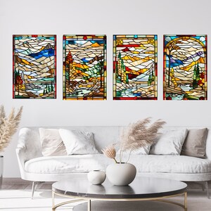 Set Of 4 Stained Glass Look Landscape Prints | Landscape Wall Decor/Art | Digital Download PRINTABLE Landscape Prints | High-Resolution File