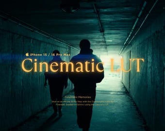 May include: Two people walk through a dark tunnel with a bright light at the end. The text "iPhone 15 / 16 Pro Max Cinematic LUT" is displayed in yellow on a black background. The text "Cinematic Memories" is displayed in white on a black background. The text "Shot on an iPhone 15 Pro Max with the Cinemarphic 135s by Frewwell. Graded in Davinci using the Obscura LUT" is displayed in white on a black background.