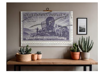 Utah Centennial Pioneer Wagon Stamp | Mormon Trail History | Vintage Western Postal Art