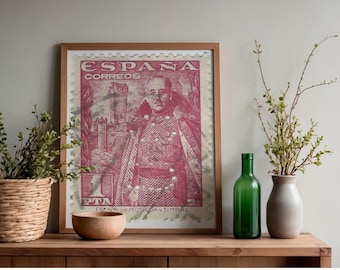 Spanje 1 pta authentieke vintage stempelkunst | Francisco Franco Red-uitgave | Afdrukbare download via Real España Post