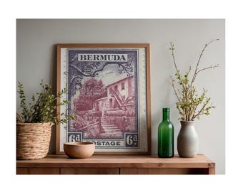 Vintage Bermuda 6D Stamp Digital Download | Cottage Garden Postage Stamp Art