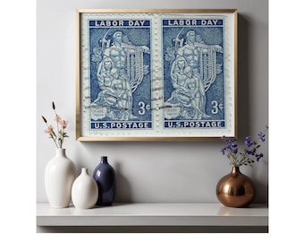 Vintage Labor Day Stamp Art Print, US 3 Cent Postage Stamp, Double Stamp Printable Wall Art, Blue Vintage Postal Decor