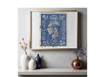 Sello azul antiguo del rey Jorge VI – Franqueo de 2,5 peniques – Retrato real británico – Arte mural imprimible – Descarga digital