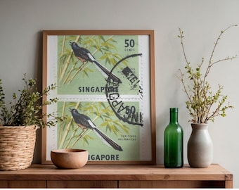 Singapore Bird Stamp Printable Wall Art, Vintage Copsychus Malabaricus Print, Botanical Bird Decor, Philately Digital Download