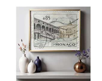 Monaco 0.85 Authentische Vintage Stempelkunst | Palastplatz Architektur | Echte Monaco Post druckbare Download