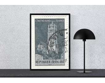 Vintage 1967 Rodez Cathedral Stamp Print – French Architecture Wall Art (Digital Download)
