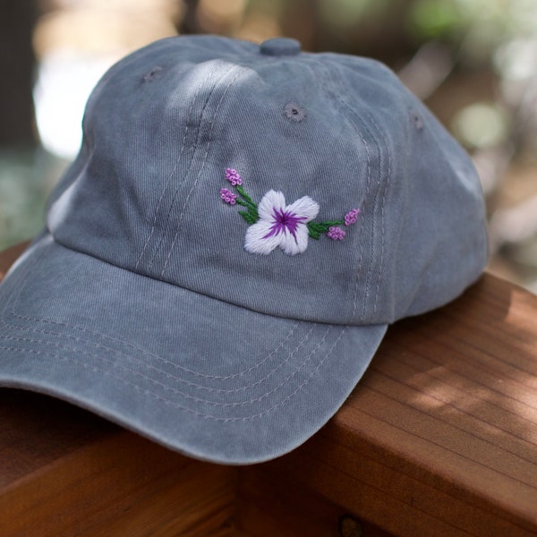 Pansy and Lavender Embroidered Hat / Embroidered Hat / Simple Floral Hat / Needlework / Embroidery / Childs hat