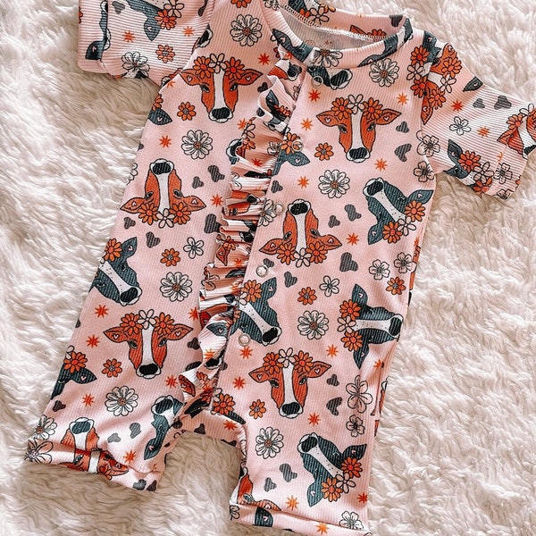 Floral Cow Ruffle Shorts Romper, shorts romper, ruffle, romper, snaps, shorts, pink aesthetic, for babies, for toddlers, western, cow