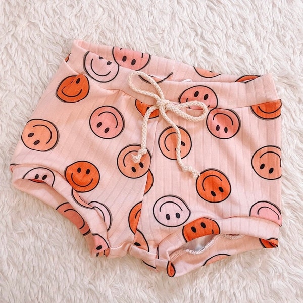 Happy in Pink Bummie Shorts, Bummies, Retro, Groovy, Shorts, Smiley, Happy Face, Pink, Pink Aesthetic, Handmade, Toddler, Baby, Shorts