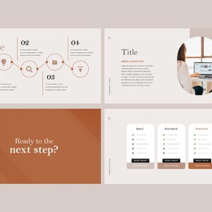 May include: A presentation slide with a brown and white color scheme. The slide features a title, a numbered list with icons, a section with the text "Ready to the next step?" and a pricing table with three options: Basic, Standard, and Premium.