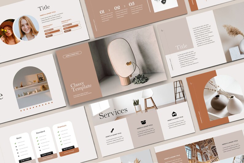 May include: A presentation template with a minimalist design featuring a neutral color palette of beige, brown, and white. The template includes images of interior design elements, such as a mirror, a shelf, and vases. The text "Classy Template" is featured on one of the slides.