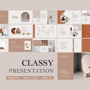 May include: A presentation template with a minimalist design featuring a brown and beige color scheme. The template includes slides with titles, bullet points, and images. The text "CLASSY PRESENTATION" is displayed in a large font at the bottom of the image.