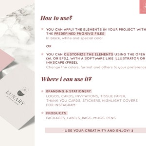 May include: A pink business card with the text "LUNARY MYSTICAL SHOP" and a logo of a glass bottle with a moon and stars inside. The text "How to use?" is written in pink with a bullet point list of instructions for using the logo. The text "Where I can use it?" is written in pink with a bullet point list of uses for the logo.