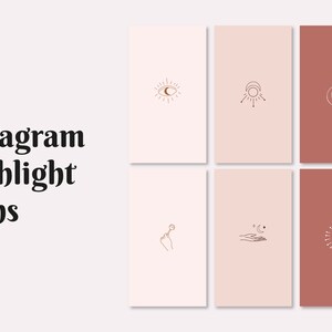 May include: Six minimalist Instagram highlight icons featuring a sun, moon, eye, hand, and stars in a line art style. The icons are in a light pink and brown color scheme.