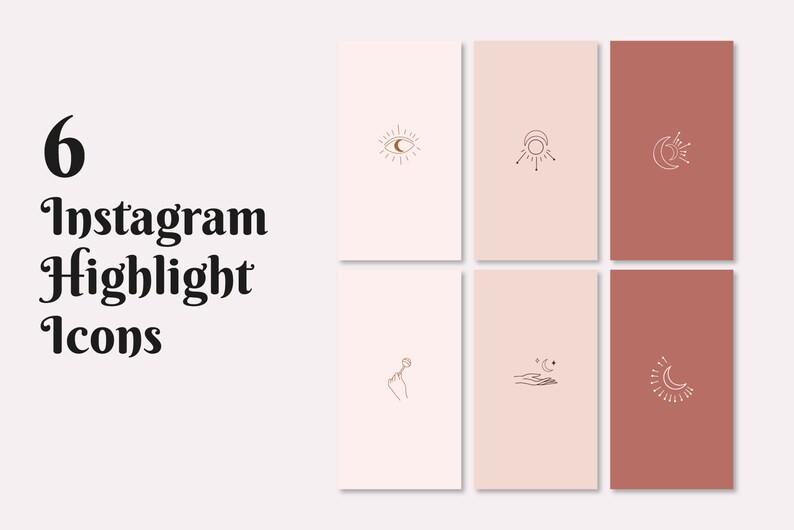 May include: Six minimalist Instagram highlight icons featuring a sun, moon, eye, hand, and stars in a line art style. The icons are in a light pink and brown color scheme.