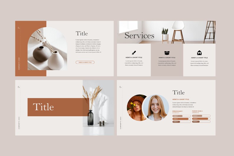 May include: A presentation slide with the title "Services" and three icons representing different services. The icons are a wrench, a gift box, and a house. The background is a light brown color.