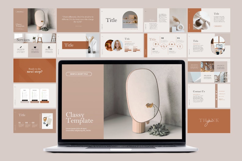 May include: A laptop computer displaying a presentation template with a minimalist design. The template features a light brown background with a large oval mirror and a small succulent plant. The text "Classy Template" is displayed in a bold font.