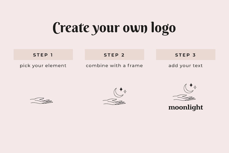 May include: A three-step guide to creating a logo, with illustrations of hands holding a crescent moon and stars. The final step shows the logo with the text "moonlight".