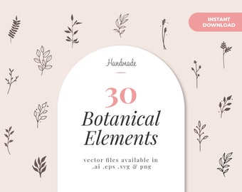 30 Botanical Vectors | Line Drawing Illustrations | Boho Logo Design | Vector SVG Celestial Logo | Decorative Plants Design Bundle