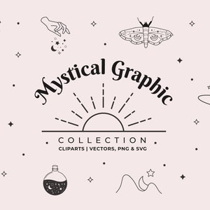 45 Mystical Vector Icons, 5 Boho Celestial Logo Design vector line art Templates, Vectors, PNG and SVG for Instant Download