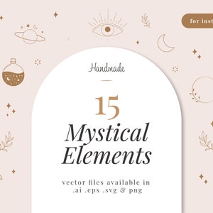 15 Mistycznych i Minimalistycznych Elementów Logo, Niebiańskie Logo, Elementy Projektu Logo Boho, Niebiańskie i Mistyczne Wektory