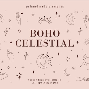30 Boho Celestial Elements – Minimalist Moon and Star Line Art PNGs, Mystical Clipart for Branding & Design