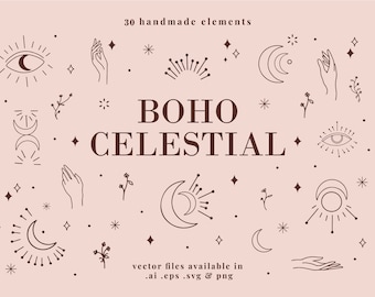 30 Boho Celestial Elements – Minimalist Moon and Star Line Art PNGs, Mystical Clipart for Branding & Design
