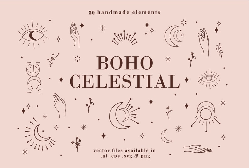 May include: A set of 30 boho celestial illustrations featuring moons, stars, hands, eyes, and floral elements. The illustrations are in a minimalist style and are perfect for use in digital or print projects.