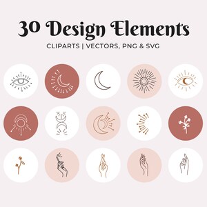 May include: Set of 30 minimalist design elements in black and white, with some elements in gold. The elements are arranged in a grid of circles, with a white background and some circles in a light brown color. The elements include a moon, sun, eye, hand, and flower.