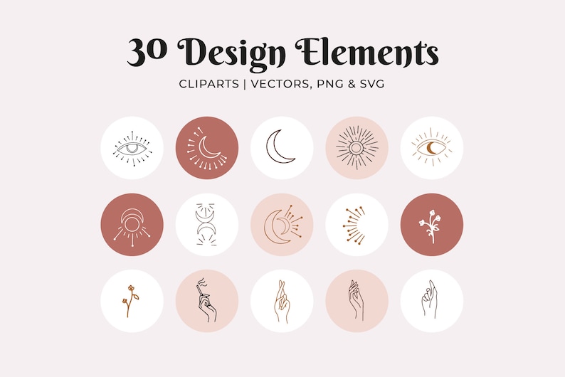 May include: Set of 30 minimalist design elements in black and white, with some elements in gold. The elements are arranged in a grid of circles, with a white background and some circles in a light brown color. The elements include a moon, sun, eye, hand, and flower.