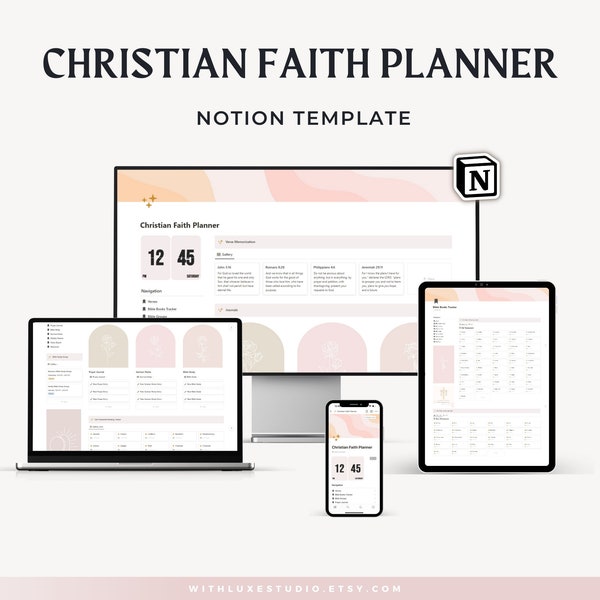 Christian Notion Template, Faith Notion Template, Notion Bible Reading Tracker, Bible Study Notion, Prayer Journal, Christian Notion Planner