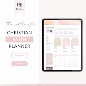 Puede incluir: Una pantalla digital que muestra una plantilla de planificador de fe cristiana en Notion. La plantilla incluye secciones para solicitudes de oración, lectura de las Escrituras y reflexiones diarias. La pantalla está sobre un fondo blanco.