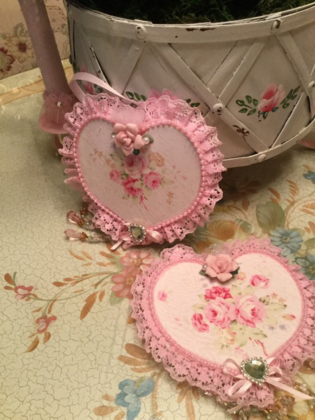 Shabby Chic Pink Hanging Hearts Rose Decor Wall Pair - Etsy