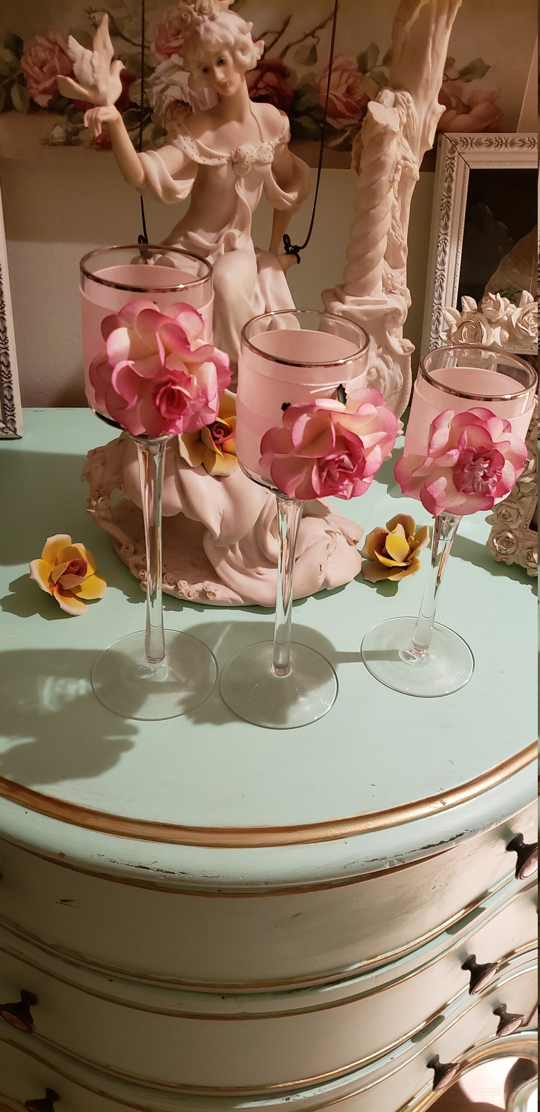 Shabby Chic Set of 3 Candle Holder Pink Roses - Etsy